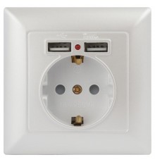 Розетка Intro Solo 4-410-06 с заземлением P+E Schuko со шторками, 16А-250В + 2хUSB, IP20, СУ, перламутр  Б0053718  Intro