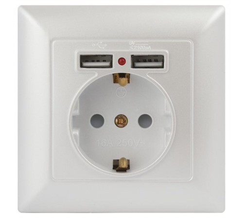 Розетка Intro Solo 4-410-06 с заземлением P+E Schuko со шторками, 16А-250В + 2хUSB, IP20, СУ, перламутр  Б0053718  Intro