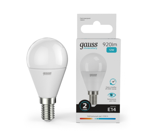 Лампа светодиодная LED Elementary Шар 12W 920lm E14 4100K  53122  Gauss