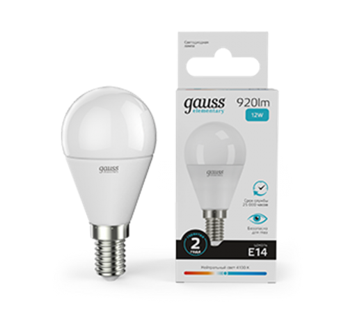 Лампа светодиодная LED Elementary Шар 12W 920lm E14 4100K  53122  Gauss