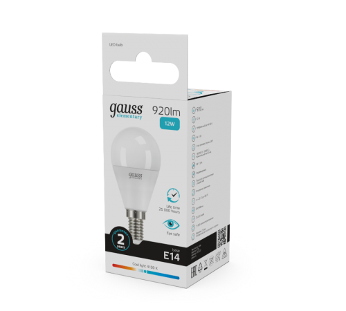 Лампа светодиодная LED Elementary Шар 12W 920lm E14 4100K  53122  Gauss
