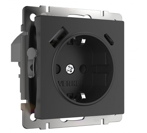 W1171708/ Электроустановочные изделия - Розетка с заземлением, шторками и USB тип A+C (черный)