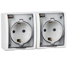 Simon 15 Белый Розетка двойная с/з Schuko со шторками, с крышкой полупрозрачной, IP54, 16А 250В, винт. зажим  1594443-030  Simon
