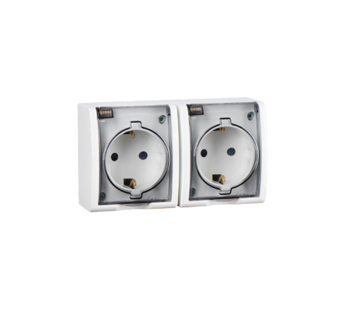 Simon 15 Белый Розетка двойная с/з Schuko со шторками, с крышкой полупрозрачной, IP54, 16А 250В, винт. зажим  1594443-030  Simon