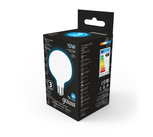 Лампа светодиодная Filament G95 10W 1100lm 4100К Е27 milky LED 1/20  189202210  Gauss