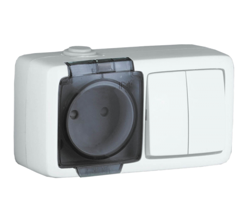 БА16-212-01 Блок открытой установки, брызгозащищенный , розетка с заземляющим контактом + двухклавишный выключатель, цвет слоновая кость  БА16-212-01