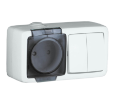 БА16-212-01 Блок открытой установки, брызгозащищенный , розетка с заземляющим контактом + двухклавишный выключатель, цвет слоновая кость  БА16-212-01