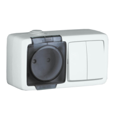 БА16-212-01 Блок открытой установки, брызгозащищенный , розетка с заземляющим контактом + двухклавишный выключатель, цвет слоновая кость  БА16-212-01