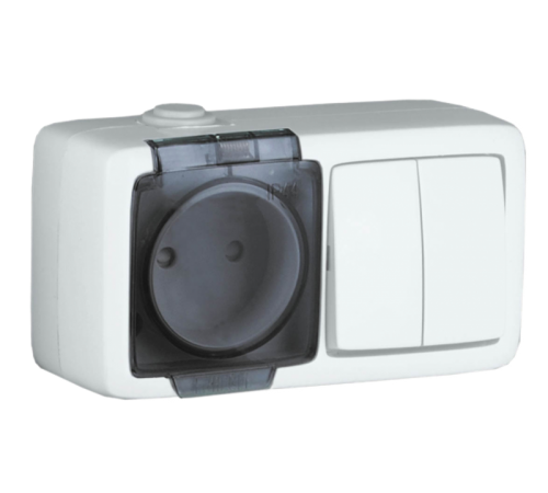 БА16-212-01 Блок открытой установки, брызгозащищенный , розетка с заземляющим контактом + двухклавишный выключатель, цвет слоновая кость  БА16-212-01