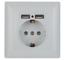 Розетка Intro Solo 4-410-01 с заземлением P+E Schuko со шторками, 16А-250В + 2хUSB, IP20, СУ, белый  Б0053713  Intro