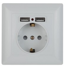 Розетка Intro Solo 4-410-01 с заземлением P+E Schuko со шторками, 16А-250В + 2хUSB, IP20, СУ, белый  Б0053713  Intro