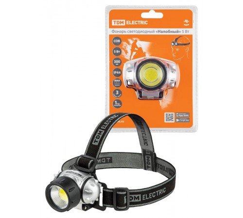 Фонарь светодиодный "Налобный" 5 Вт COB, 300 лм, бат. 3*AAA  SQ0350-0073  TDM