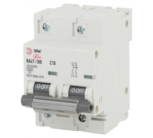 Выключатель автоматический двухполюсный NO-902-271 ВА47-100 2Р 10А 10 кА кривая С (6/60/1440) Pro  Б0048861  ЭРА