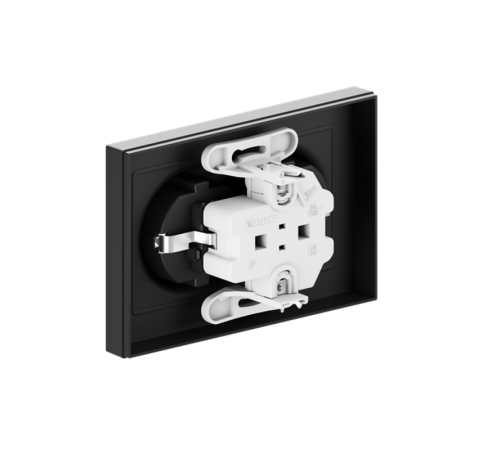Механизм розетки двойной, 16А, с заземлением, со шторками, с рамкой, чёрный Эпика EKF  UP1-SOB-211  EKF