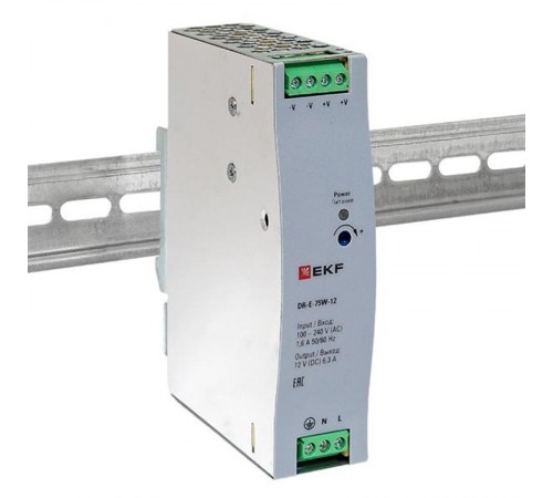 Блок питания на дин рейку 75Вт,Uвх ~ 220 В AC, Uвых - 12 В DC постоянного тока DR-E-75W-12 EKF