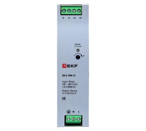 Блок питания на дин рейку 75Вт,Uвх ~ 220 В AC, Uвых - 12 В DC постоянного тока DR-E-75W-12 EKF