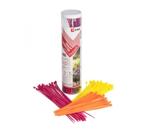 Набор хомутов цветных "Лето" (450 шт.): 2,5х100, 3,6х200, 3,6х300 FlexLock PROxima  plc-fl-set-su  EKF