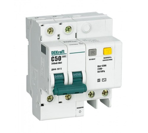Выключатель автоматический дифференциального тока со встроенной защитой от сверхтоков ДИФ-101 2P 50A 300мА селективный S  15308DEK  DEKraft