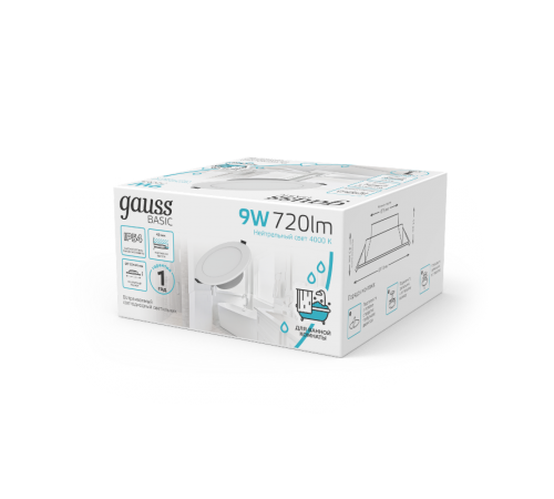 Светильник  Basic Downlight круг 9W 720lm 4000K 185-250V IP54 110*44 белый LED 1/40  9033420209  Gauss
