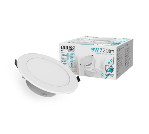 Светильник  Basic Downlight круг 9W 720lm 4000K 185-250V IP54 110*44 белый LED 1/40  9033420209  Gauss