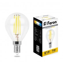 Лампа светодиодная LB-52 (7W) 230V E14 2700K филамент G45 прозрачная  25874  FERON