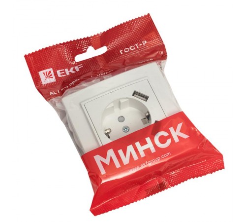 Минск Розетка 1-местная СП с/з 16А белая с защ. штор. с 2 USB 2,1А   ERR16-028-100-2USB  EKF