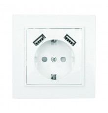Минск Розетка 1-местная СП с/з 16А белая с защ. штор. с 2 USB 2,1А   ERR16-028-100-2USB  EKF