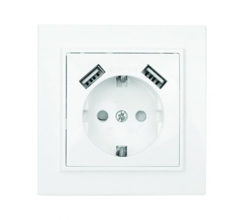 Минск Розетка 1-местная СП с/з 16А белая с защ. штор. с 2 USB 2,1А   ERR16-028-100-2USB  EKF