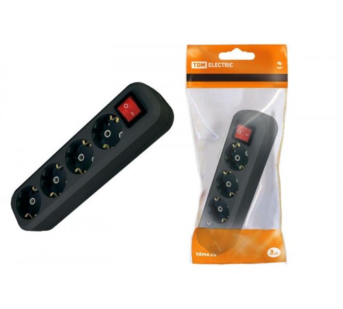 Колодка розеточная 4 гнезда 2П+3 c выключателем 16А 250В черная  SQ1806-0118  TDM