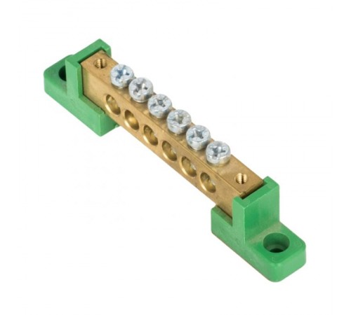 Шина "0" PE 8x12мм 6 отверстий латунь с контактной пластиной 2 зелёных угловых изолятора EKF PROximasn0-125-06-2-peEKF