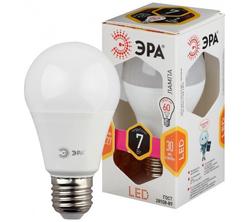 Лампа светодиодная LED A60-7W-827-E27 Лампы СВЕТОДИОДНЫЕ СТАНДАРТ ЭРА (диод, груша, 7Вт, тепл, E27)  Б0029819  ЭРА