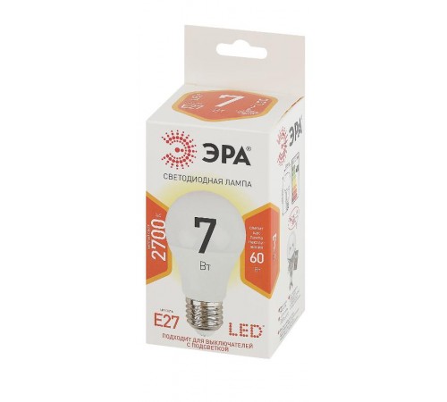 Лампа светодиодная LED A60-7W-827-E27 Лампы СВЕТОДИОДНЫЕ СТАНДАРТ ЭРА (диод, груша, 7Вт, тепл, E27)  Б0029819  ЭРА