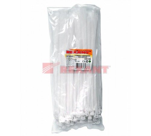 Хомут-стяжка нейлоновая многоразовая 300x7,5 мм, белая, упаковка 100 шт.  07-0309  REXANT