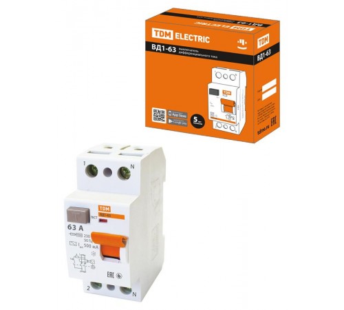 Выключатель дифференциальный (УЗО) ВД1-63 2Р 63А 500мА (тип АС, электромеханическое)  SQ0203-0095  TDM