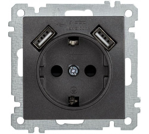 BOLERO антрацит Розетка с/з со шторкой 16А USBх2 2,1А РЮш10-1-Б IEK  ERB14-K95-16-U2  IEK