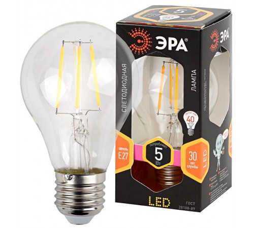 Лампа светодиодная LED 5Вт Е27 220В 2700К F-LED А60 груша  Б0019010  ЭРА