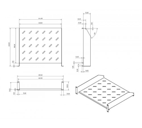 TAL3-2U-400-RAL7035 Полка угловая с перфорацией 19", 2U, ширина 440 мм, глубина 400 мм, цвет серый (RAL 7035)  433676  Hyperline