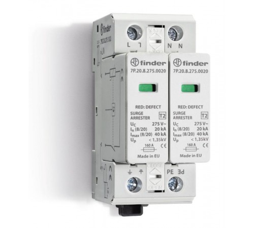 Устройство защиты от импульсных перенапряжений УЗИП тип 2 (2 варистора); модульный, ширина 35мм; степень защиты IP20  7P2782751020  Finder