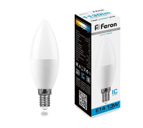 Лампа светодиодная, (13W) 230V E14 6400K С37, LB-970  38109  FERON