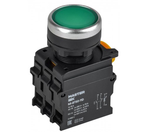 Кнопка с подсветкой d=22мм 1NO+1NC зелёная MASTER  MI-BT60-11D-3-12-K06  IEK
