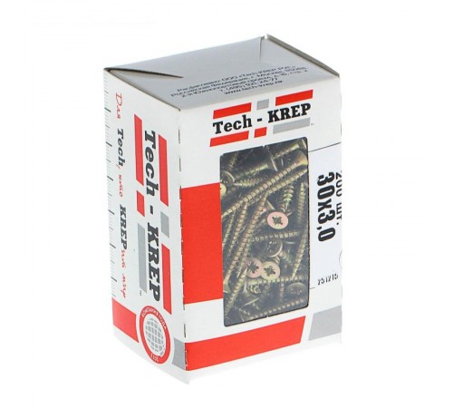 Саморезы универсальные 30х3,0 мм (200 шт) желтые - коробка с окном ( 0,188 кг)  102227  Tech-KREP