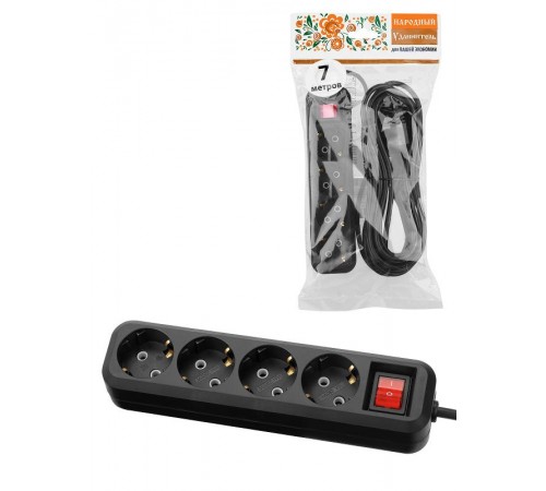Удлинитель 4 гнезда, 7 метров, с/з, выкл., 10 А, 2300 Вт, черный, НАРОДНЫЙ  SQ1303-1128  TDM