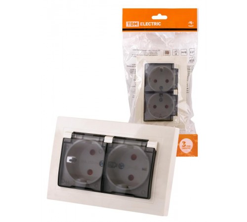 Розетка двойная 2П+З с защ. шт. и прозрачной крышкой 16А 250В IP44 сл. кость "Таймыр"  SQ1814-0177  TDM