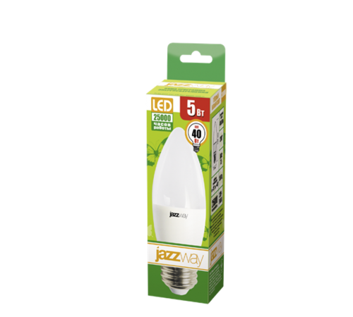 Лампа светодиодная LED 5Вт Е27 220В 3000К PLED- ECO-C37 свеча  2855312A  Jazzway