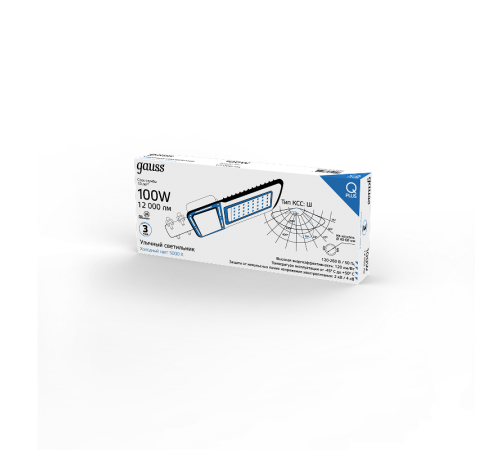 Светильник светодиодный консольный уличный Qplus 100W 12000lm 5000K 120-260V IP65 455*180*49мм черный КСС "Ш" LED 1/4  629535300  Gauss