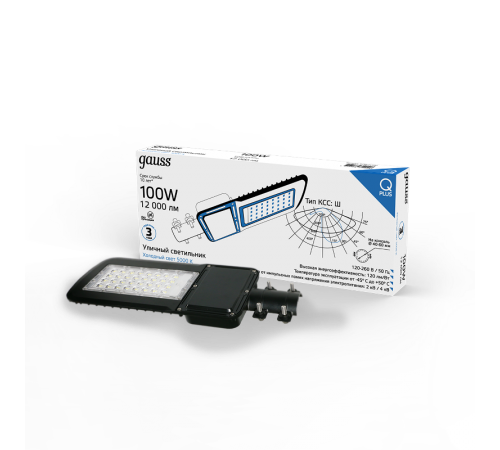 Светильник светодиодный консольный уличный Qplus 100W 12000lm 5000K 120-260V IP65 455*180*49мм черный КСС "Ш" LED 1/4  629535300  Gauss