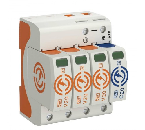 Устройства защиты от импульсных перенапряжений УЗИП для силовых сетей 3+NPE (Класс II), 280 В (V20-3+NPE-280)  5095253  OBO Bettermann
