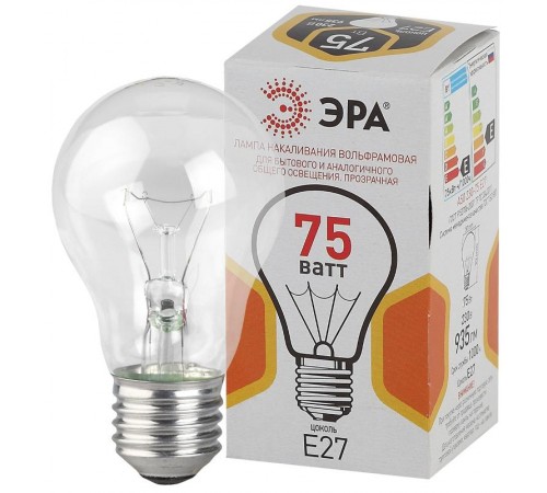 Лампа накаливания ЛОН A50 75-230-Е27-CL  груша 75Вт 230В Е27 цв. упаковка  Б0039123  ЭРА