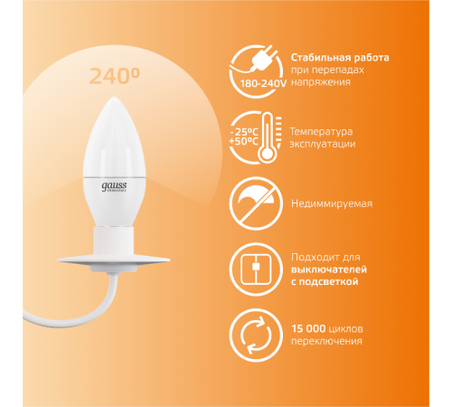Лампа светодиодная LED 6Вт E14 220В 3000К Elementary свеча  33116  Gauss