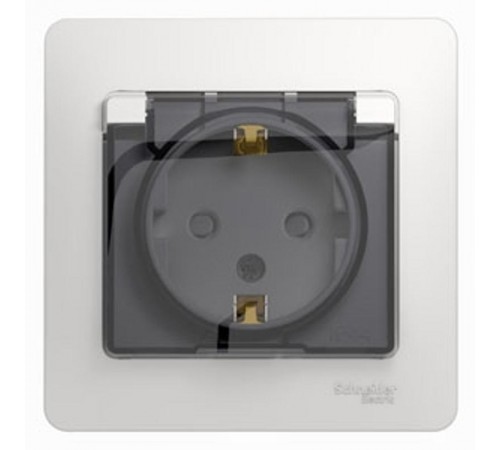 Glossa Белый Розетка с заземлением со шторками с крышкой, IP44 (в сборе с рамкой)  GSL000148  SE